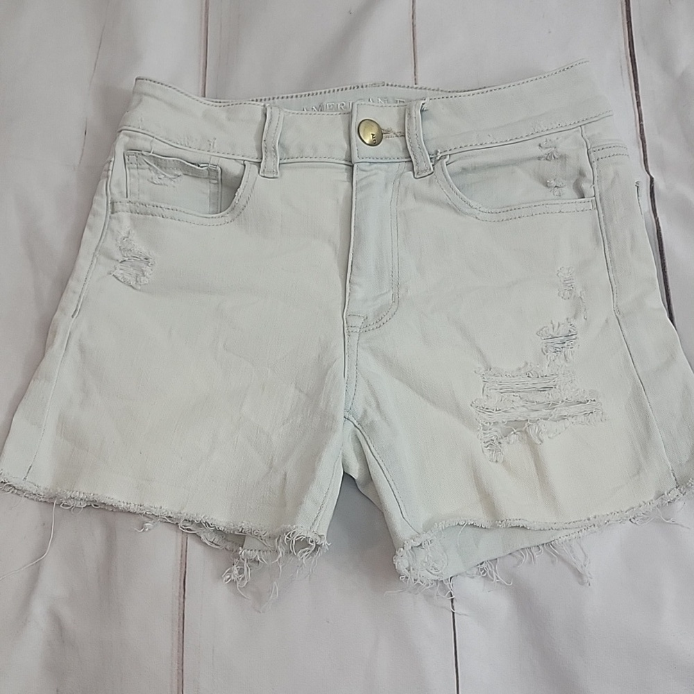 American Eagle Super Stretch Shorty High Rise Jean Short Raw Frayed Hem size 2